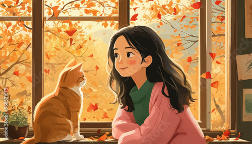 Autumnal Serenity: A Young Girl and Her Orange Cat