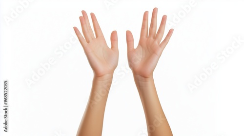 Beautiful woman's hands reaching up, isolated on a white background