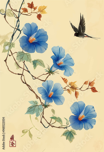 Blossoming Branch with Blue Flowers and Bird