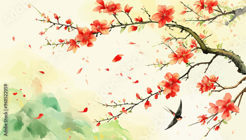 Blossoming Cherry Blossoms and Bird in Flight