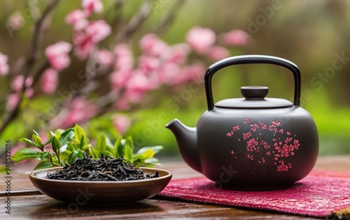 A serene tea setting featuring a black teapot, a bowl of tea leaves, and blooming pink flowers in a tranquil garden.