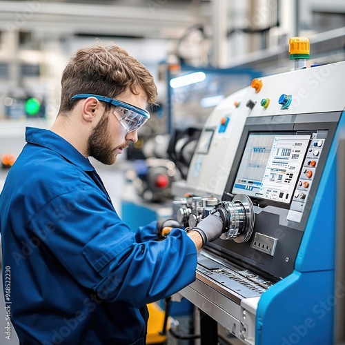 Engineer performing calibration checks on a manufacturing machine to ensure quality output, calibration control, machinery quality assurance