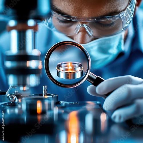 Magnifying glass focused on a tiny defect in a manufactured part, defect detection, precision in quality control