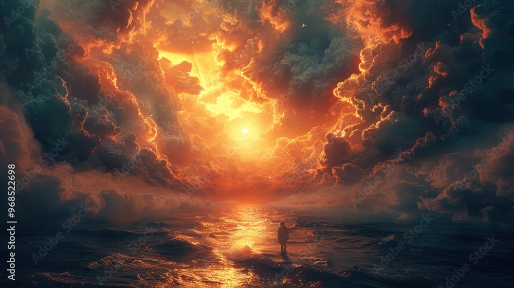 A lone figure stands on a misty shore, gazing towards a blazing sunset in a sky filled with dramatic clouds. A lone figure stands on a misty shore, gazing towards a blazing sunset in a sky filled with dramatic clouds.