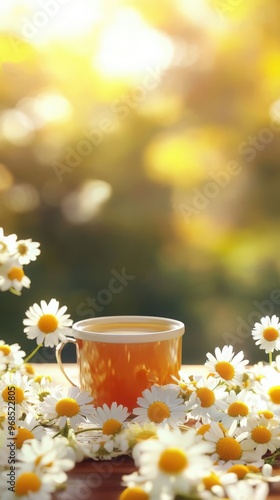 A tranquil scene featuring a warm cup of tea surrounded by blooming daisies, capturing the essence of relaxation and nature.