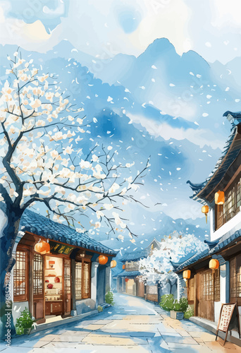 Cherry Blossom Alley: A Quaint Asian Town