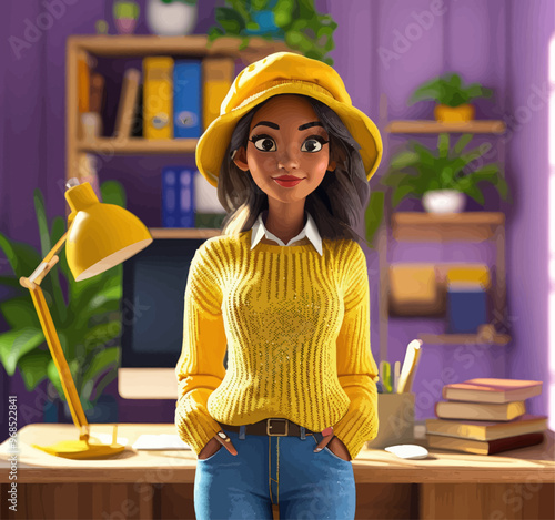 Chic Office Worker in Yellow Sweater and Hat