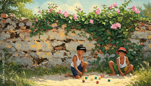 Children Playing with Eggs on the Ground
