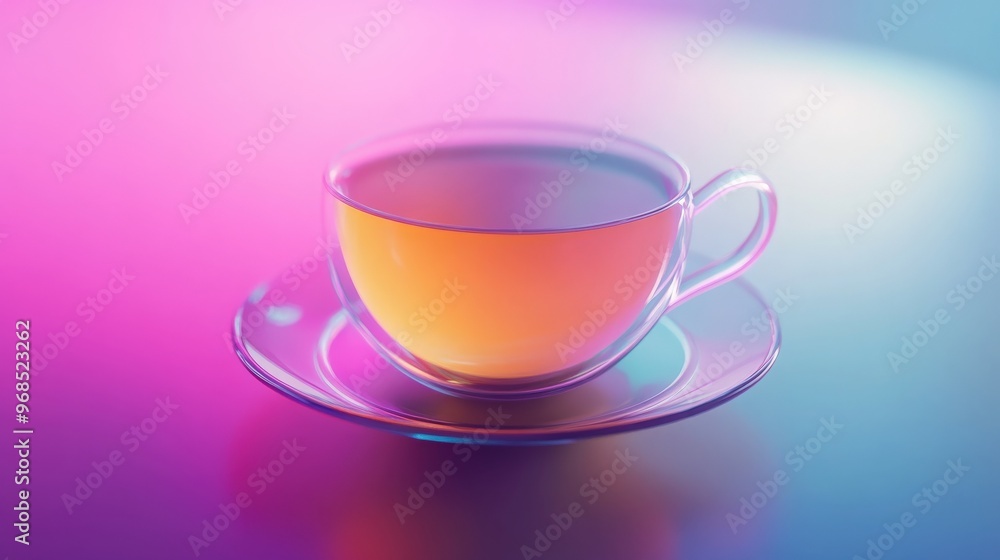 Fototapeta premium A vibrant, glowing cup of tea on a reflective surface, showcasing colorful hues and a serene atmosphere.