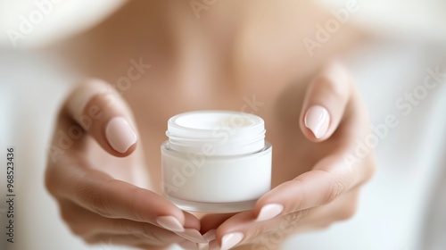 Woman's hands holding and applying cream, with focus on the jar of face cream