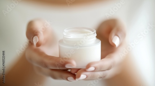 Woman's hands holding and applying cream, with focus on the jar of face cream