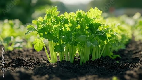 cultivated Celery field, earth day concept, plant in the ground, green world photo