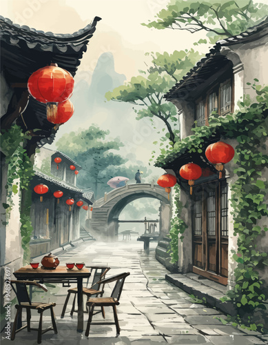 Chinese-style alleyway with traditional lanterns and archway