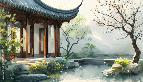 Chinese-style pavilion with pond and garden view