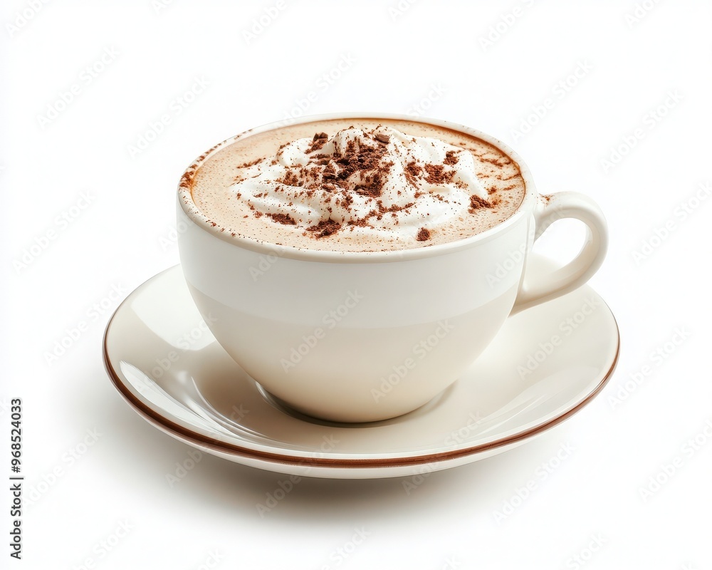 Delicious hot coffee topped with whipped cream and chocolate shavings served in a classic white cup on a saucer. Delicious hot coffee topped with whipped cream and chocolate shavings served in a classic white cup on a saucer.