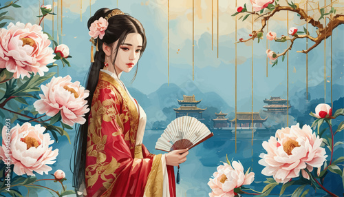Chinese Woman in Traditional Costume with Fan, Pink Flowers, and Background of Traditional Buildings and Mountains