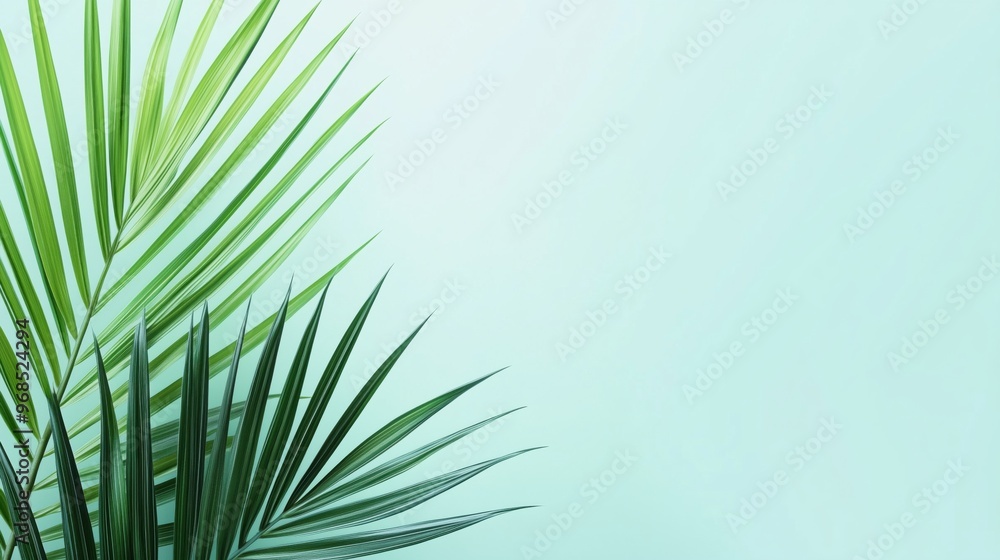 Fototapeta premium Green palm leaves isolated on a light blue background