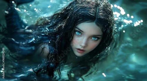 a close-up of a beautiful mermaid with blue eyes and black hair, 3d illustration