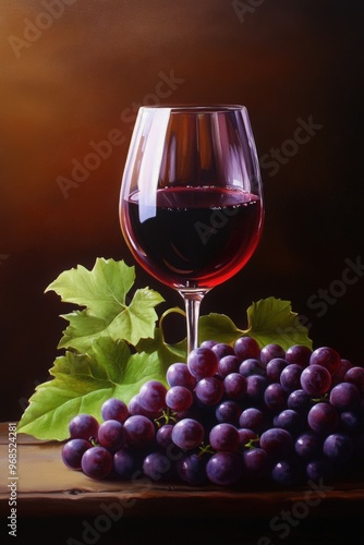 Wallpaper Mural Elegant glass of red wine beside fresh grapes and green leaves, evoking a refined atmosphere for wine enthusiasts. Torontodigital.ca