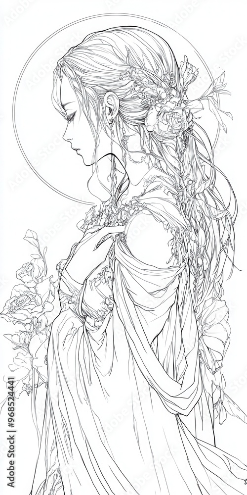 Elegant outline of a serene woman adorned with flowers, showcasing grace and beauty in a delicate artistic style. Elegant outline of a serene woman adorned with flowers, showcasing grace and beauty in a delicate artistic style.