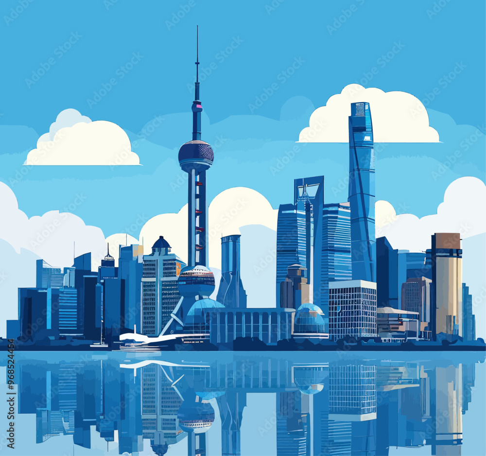 Fototapeta premium Cityscape with futuristic skyscrapers and reflective water