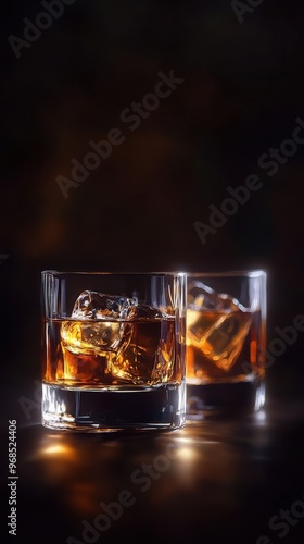 Elegant glasses filled with whiskey and ice, showcasing rich amber tones against a dark background, perfect for beverage lovers. photo