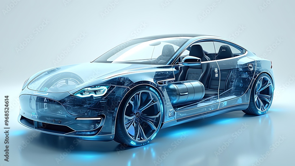 A line art 3D illustration displays a modern electric car chassis x-ray, revealing the vehicle battery in a studio environment. A line art 3D illustration displays a modern electric car chassis x-ray, revealing the vehicle battery in a studio environment.