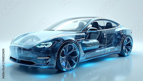 A line art 3D illustration displays a modern electric car chassis x-ray, revealing the vehicle battery in a studio environment.