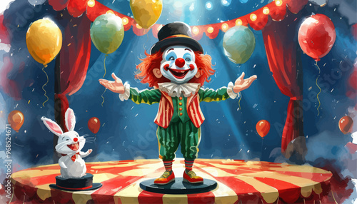 Clown Performing on Stage with Balloons and Bunny