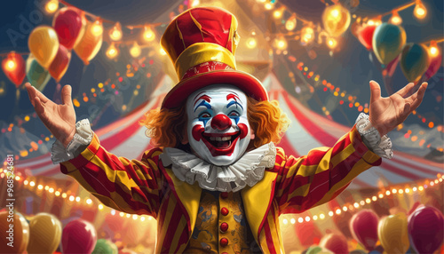 Clown with Red Nose and Yellow Coat, Performing at Circus, with Balloons and Lights in Background
