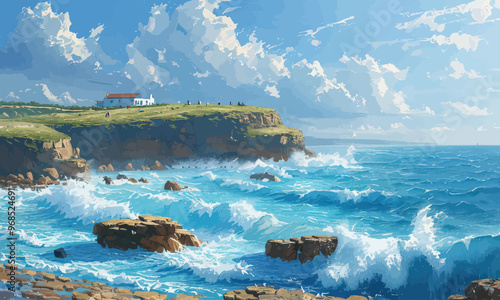 Coastal cliff with house and people, blue ocean waves