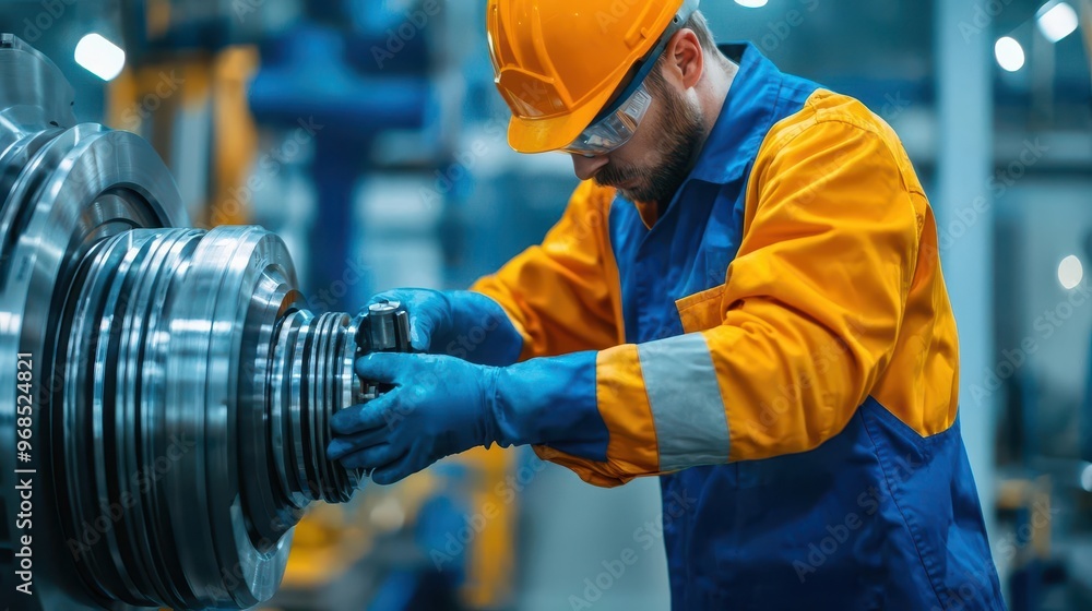 Engineer inspecting a mechanical part with calipers, precision measurement, high-quality manufacturing Engineer inspecting a mechanical part with calipers, precision measurement, high-quality manufacturing