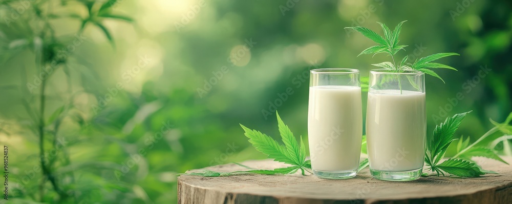 Fresh hemp milk served in glasses on a wooden surface surrounded by lush green nature, evoking a natural and healthy lifestyle. Fresh hemp milk served in glasses on a wooden surface surrounded by lush green nature, evoking a natural and healthy lifestyle.