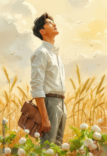 Contemplative farmer gazing at the horizon with a briefcase, standing in a field of wheat and poppies