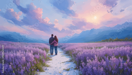 Couple's Serene Stroll Through a Field of Purple Flowers