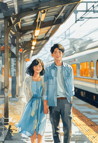 Couple Walking Hand in Hand at Train Station