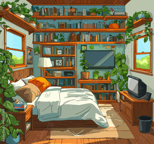 Cozy Bedroom with Bookshelves and Plants