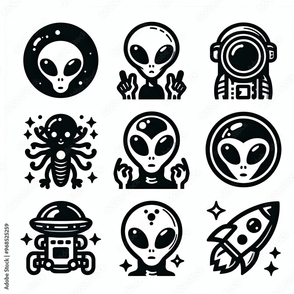 alien icon set. illustration white background alien icon set. illustration white background