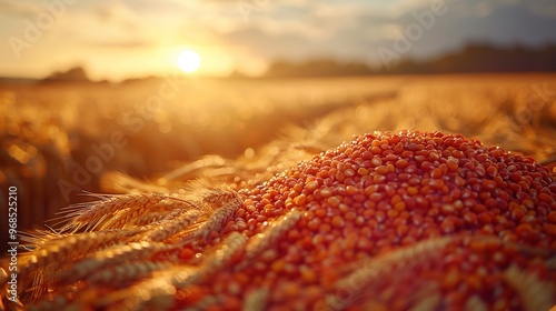 A golden field of grain at sunset, with a pile of harvested crops (likely corn kernels) in the foreground.