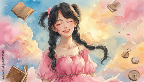 Dreamy Fantasy: Girl with Pigtails and Books, Clouds, and Stars