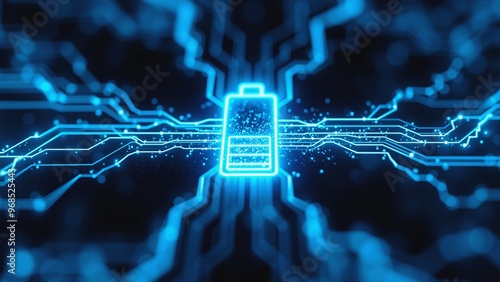 Glowing Battery charging - Futuristic Energy Technology, A glowing battery icon radiates power within a network of interconnected blue lines and dots.