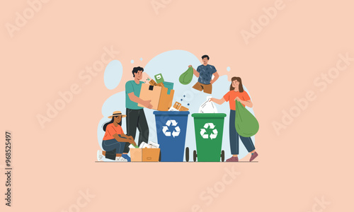 Group of people recycling trash into bins for environmental cleanup.