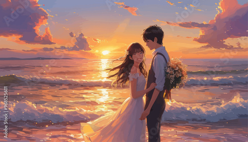 Embrace at Sunset: A Couple's Romantic Moment by the Ocean