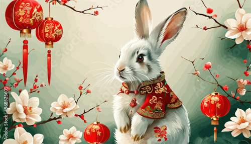 Elegant Rabbit in Traditional Chinese Costume Standing Among Cherry Blossoms and Ornaments
