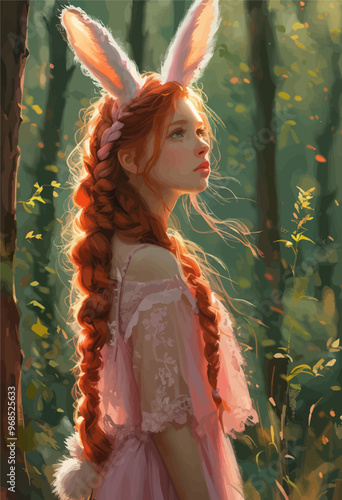 Ethereal Elf in Pink Dress with Bunny Ears, Standing in Forest, Looking Up