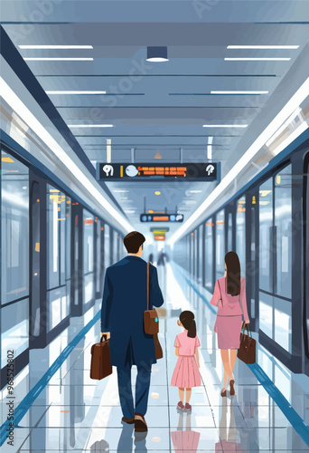 Family Walking Through Modern Train Station