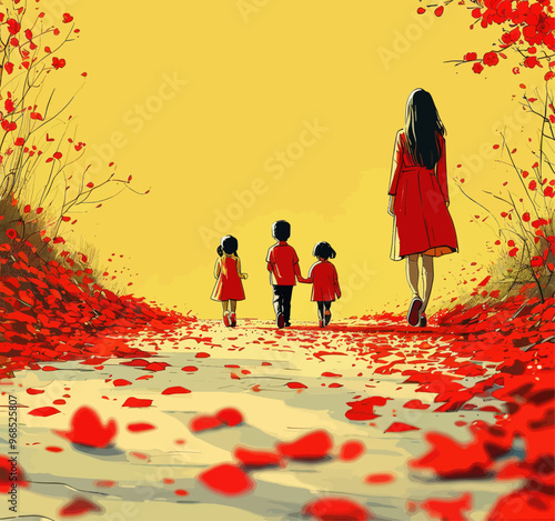 Family Walk in Autumn Leaves