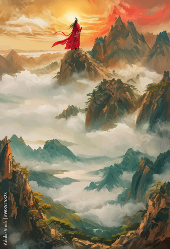 Fantasy Artwork: A Heroic Figure Standing atop a Mountain with a Red Cloak, Overlooking a Cloudy Landscape with Mountains and Fog
