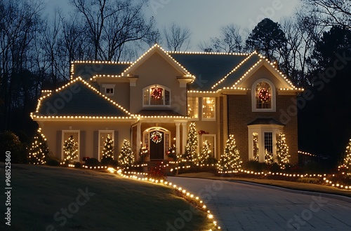 Stylish Christmas lights on the roof of your home, creating an enchanting and festive atmosphere for all to enjoy. A well-lit house with white LED Christmas light decoration