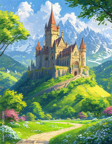 Fantasy Castle on a Hilltop with Mountains in the Background